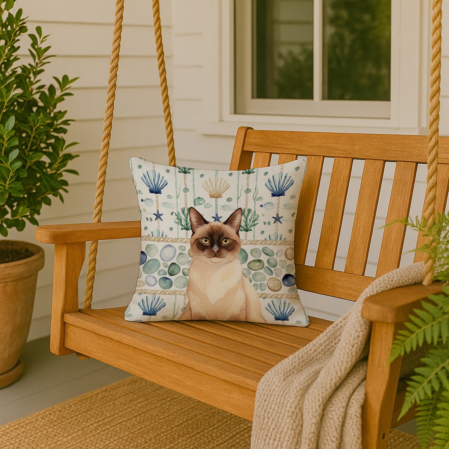 Chocolate Point Cat Coastal Sea Glass Decorative Throw Pillow 18x18 Indoor Outdoor Accent Cushion, Fabric Cover with Insert for Sofa, Bed, Porch & Living Room