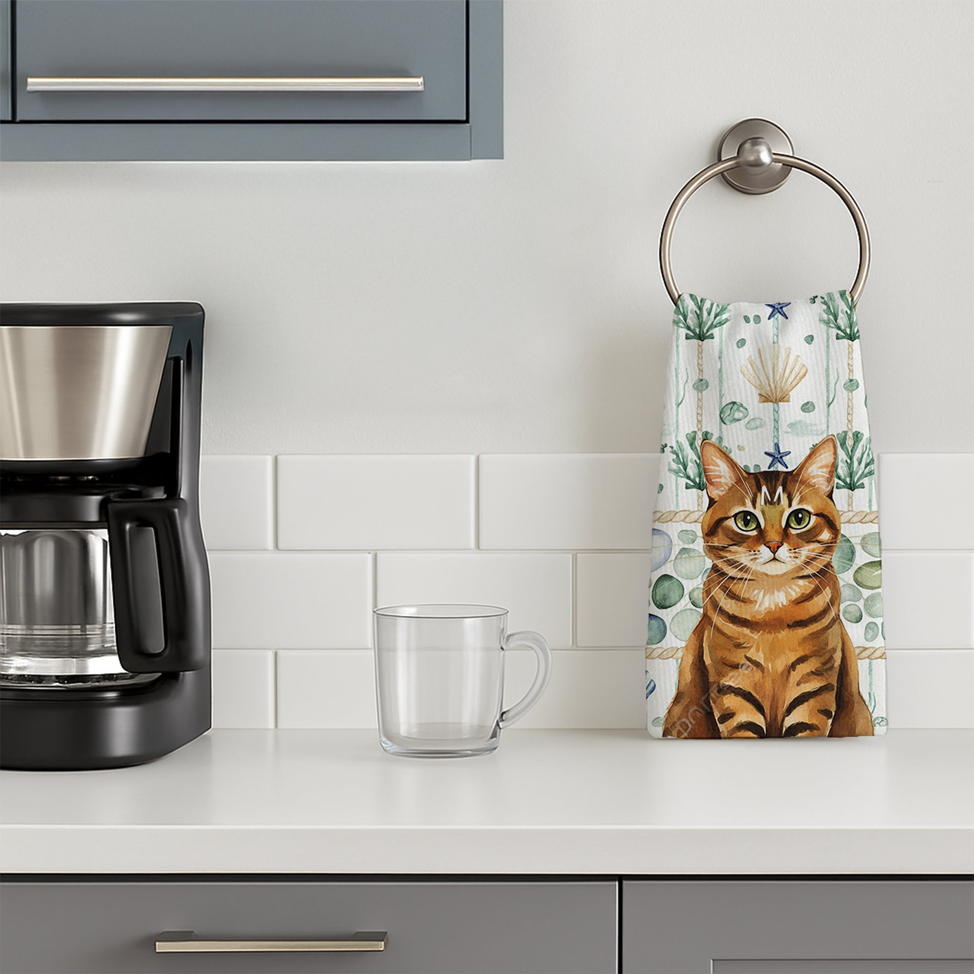 Classic Tabby Brown Cat Coastal Sea Glass Kitchen Towel Velour Plush Front and Cotton Loop Back Machine Washable