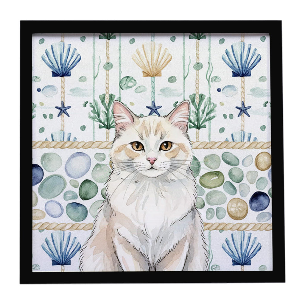 Cream and White Cat Coastal Sea Glass Framed Metal Print Bathroom, Kitchen, Office, Home Decor Wall Art Ready to Hang, Square, 8X8