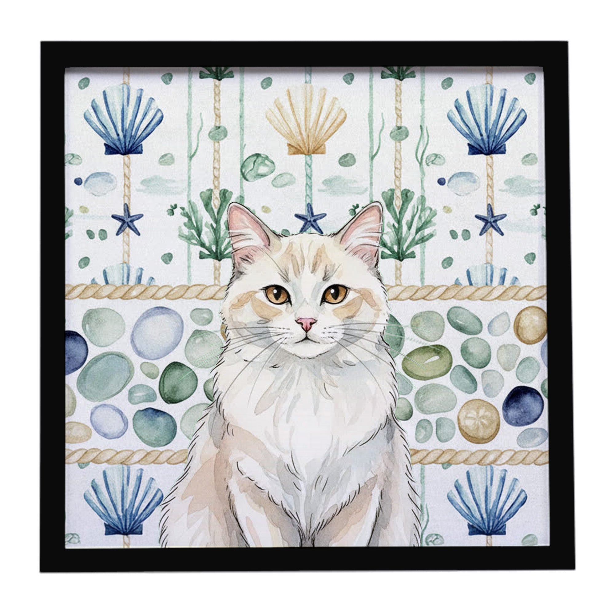 Cream and White Cat Coastal Sea Glass Framed Metal Print Bathroom, Kitchen, Office, Home Decor Wall Art Ready to Hang, Square, 8X8