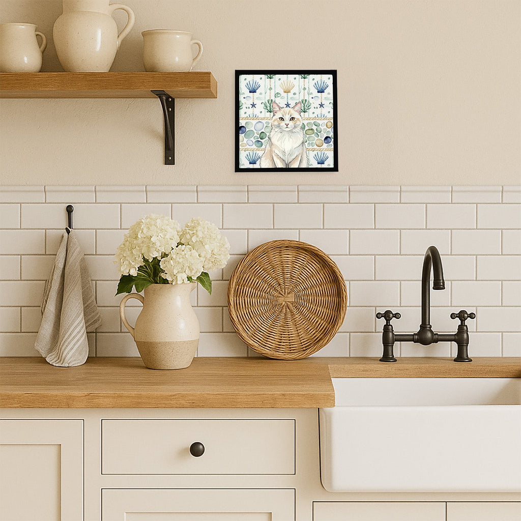 Cream and White Cat Coastal Sea Glass Framed Metal Print Bathroom, Kitchen, Office, Home Decor Wall Art Ready to Hang, Square, 8X8