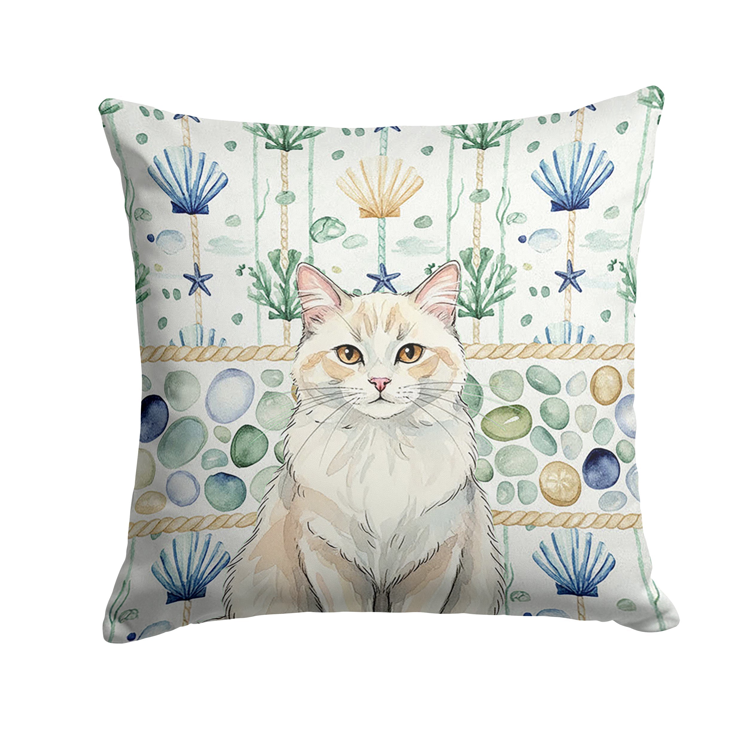 Cream and White Cat Coastal Sea Glass Decorative Throw Pillow 14x14 Indoor Outdoor Accent Cushion, Fabric Cover with Insert for Sofa, Bed, Porch & Living Room