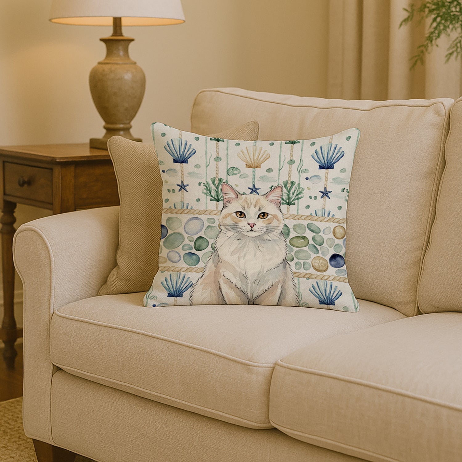 Cream and White Cat Coastal Sea Glass Decorative Throw Pillow 14x14 Indoor Outdoor Accent Cushion, Fabric Cover with Insert for Sofa, Bed, Porch & Living Room