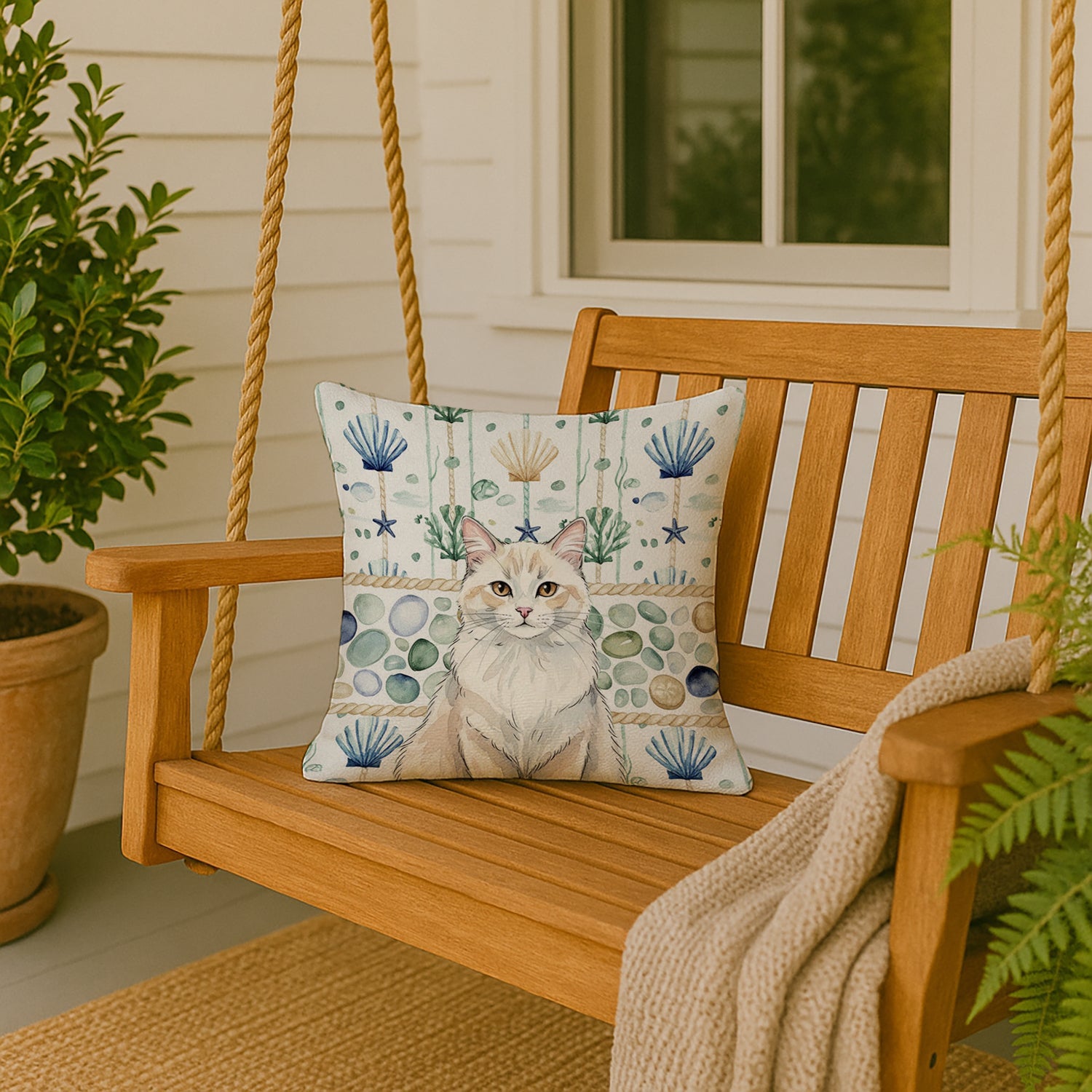 Cream and White Cat Coastal Sea Glass Decorative Throw Pillow 18x18 Indoor Outdoor Accent Cushion, Fabric Cover with Insert for Sofa, Bed, Porch & Living Room