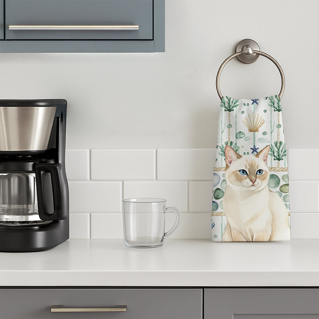 Cream Point Cat Coastal Sea Glass Kitchen Towel Velour Plush Front and Cotton Loop Back Machine Washable