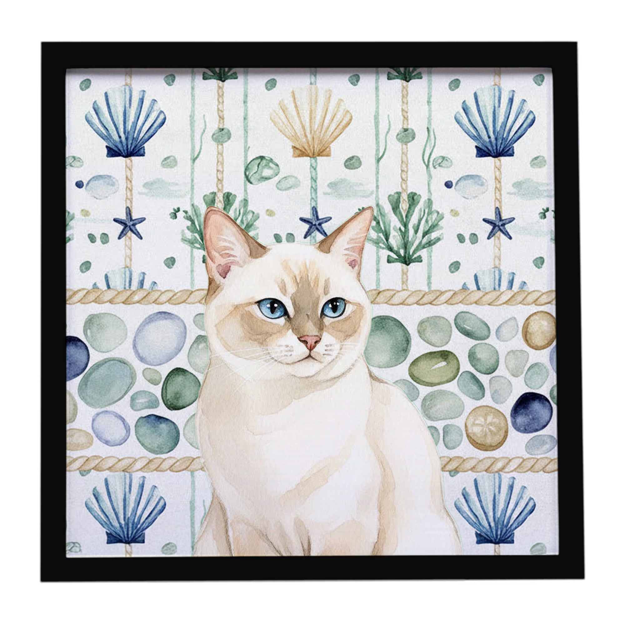 Cream Point Cat Coastal Sea Glass Framed Metal Print Bathroom, Kitchen, Office, Home Decor Wall Art Ready to Hang, Square, 8X8
