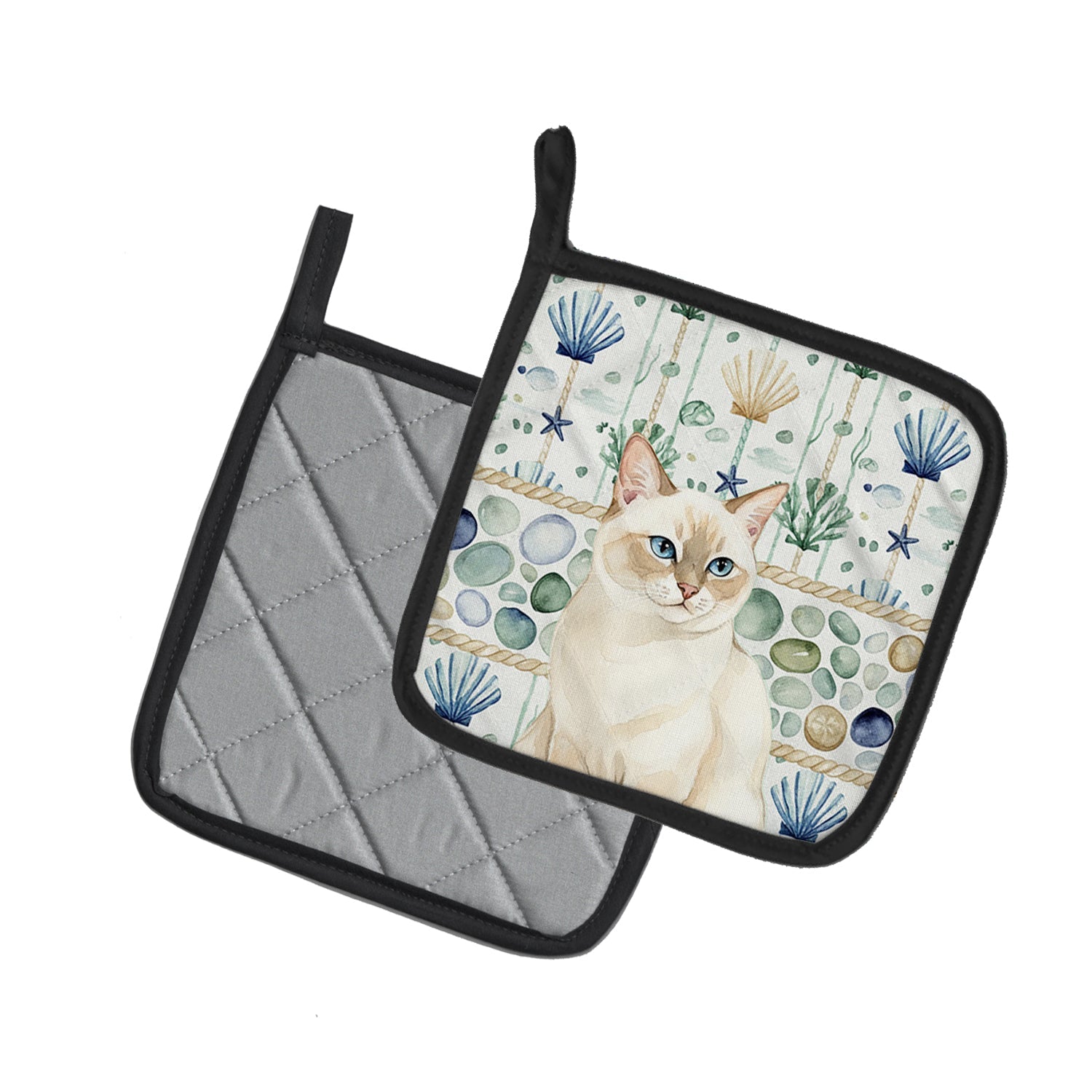 Cream Point Cat Coastal Sea Glass Pot Holder Set of 2 Heat Resistant Quilted Hot Pads 7.5 x 7.5 Inch, Insulated Kitchen Trivets for Cooking & Baking