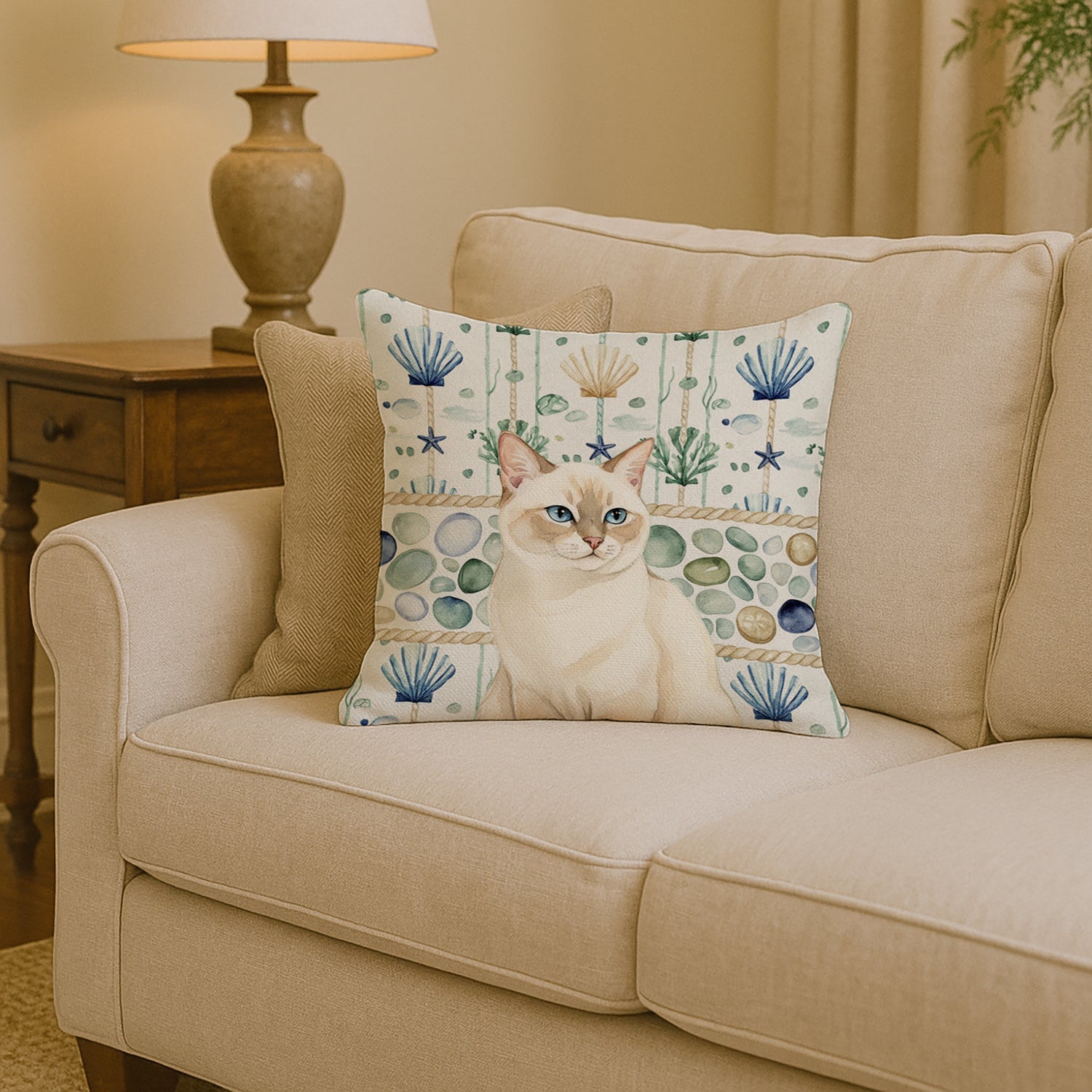 Cream Point Cat Coastal Sea Glass Decorative Throw Pillow 14x14 Indoor Outdoor Accent Cushion, Fabric Cover with Insert for Sofa, Bed, Porch & Living Room