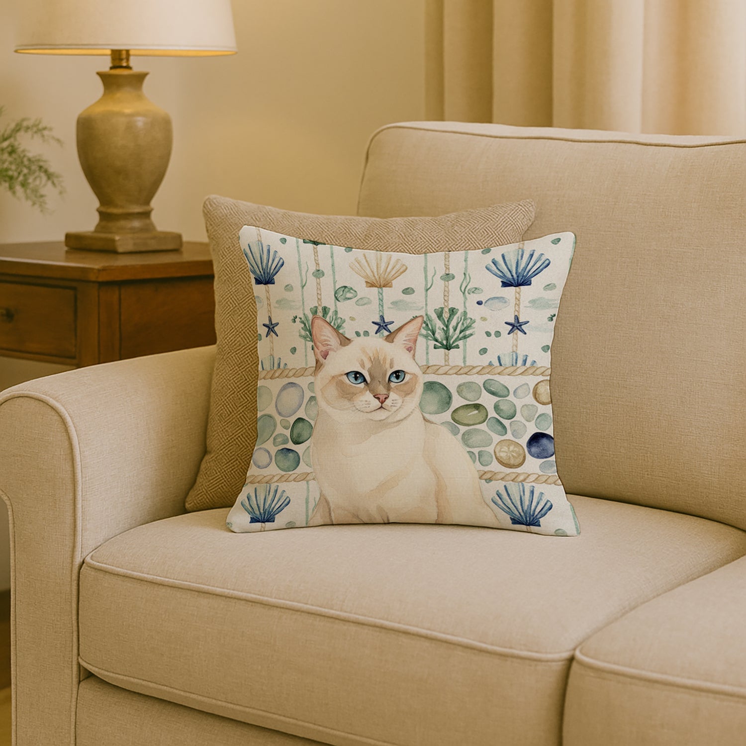Cream Point Cat Coastal Sea Glass Decorative Throw Pillow 18x18 Indoor Outdoor Accent Cushion, Fabric Cover with Insert for Sofa, Bed, Porch & Living Room