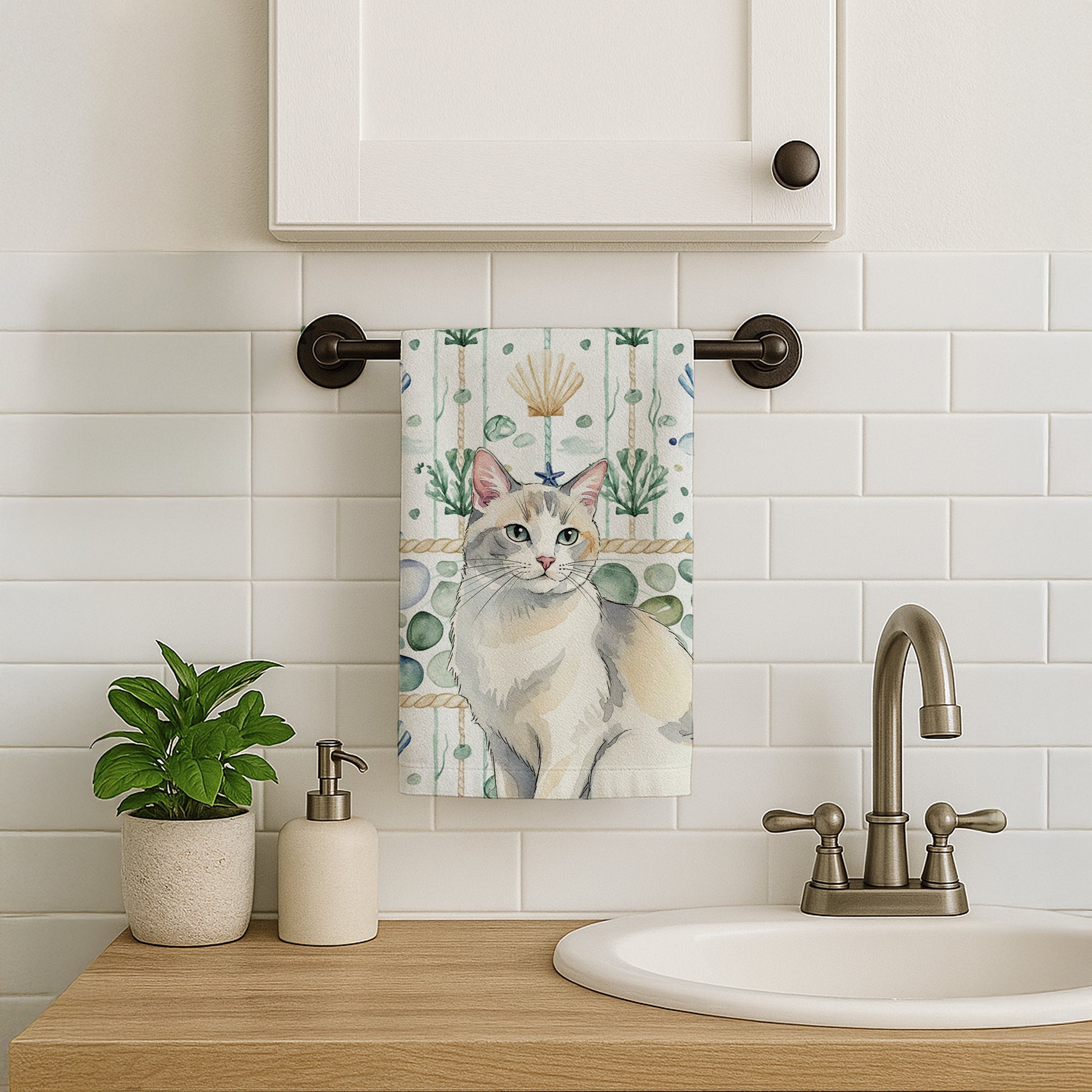 Dilute Calico Cat Coastal Sea Glass Kitchen Towel Velour Plush Front and Cotton Loop Back Machine Washable