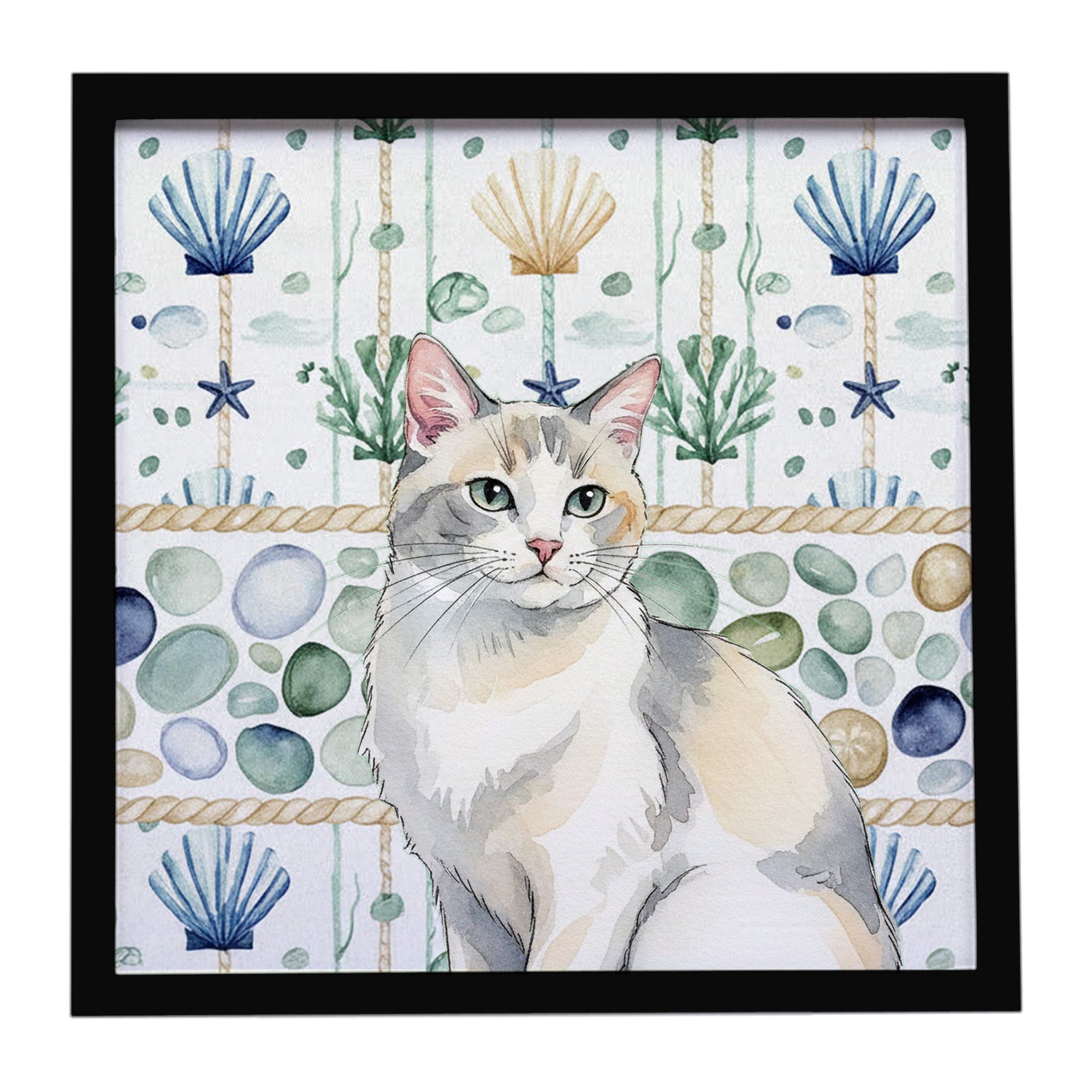Dilute Calico Cat Coastal Sea Glass Framed Metal Print Bathroom, Kitchen, Office, Home Decor Wall Art Ready to Hang, Square, 8X8