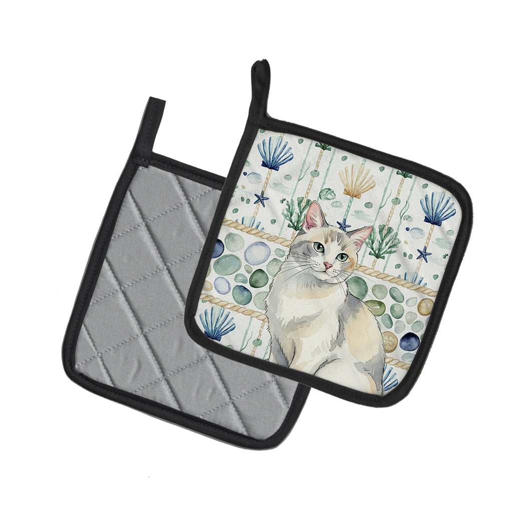 Dilute Calico Cat Coastal Sea Glass Pot Holder Set of 2 Heat Resistant Quilted Hot Pads 7.5 x 7.5 Inch, Insulated Kitchen Trivets for Cooking & Baking