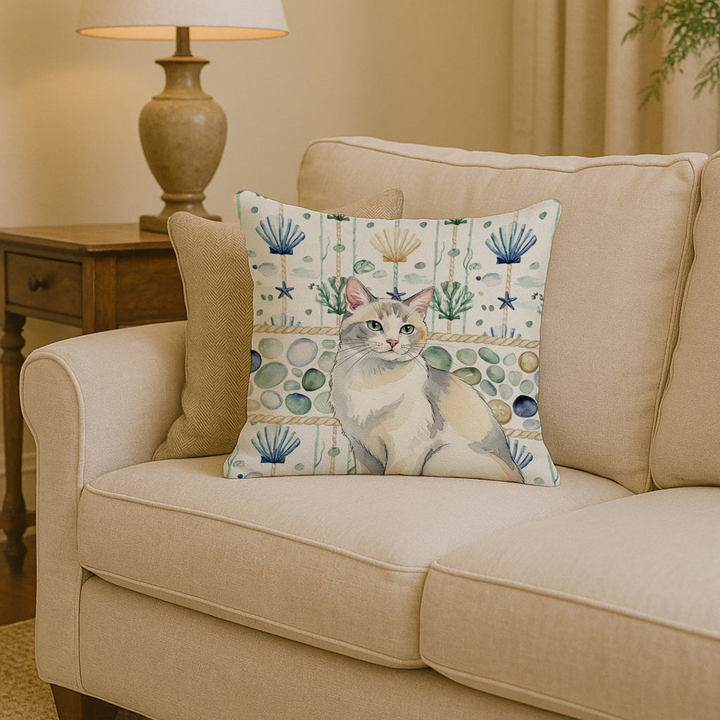 Dilute Calico Cat Coastal Sea Glass Decorative Throw Pillow 14x14 Indoor Outdoor Accent Cushion, Fabric Cover with Insert for Sofa, Bed, Porch & Living Room