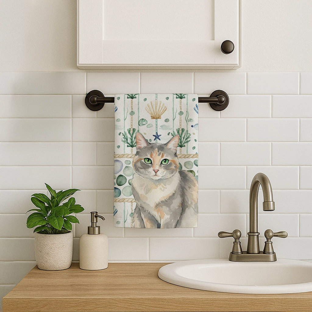 Dilute Tortoiseshell Cat Coastal Sea Glass Kitchen Towel Velour Plush Front and Cotton Loop Back Machine Washable