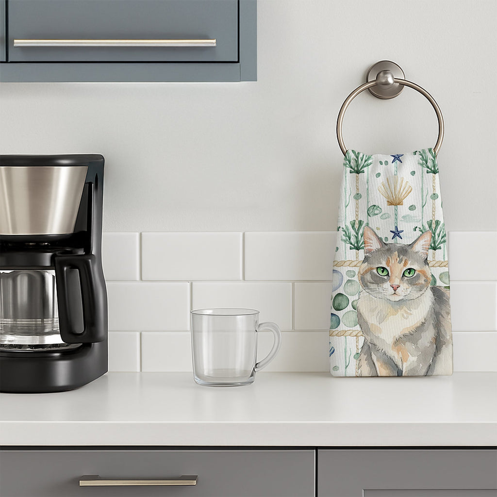 Dilute Tortoiseshell Cat Coastal Sea Glass Kitchen Towel Velour Plush Front and Cotton Loop Back Machine Washable