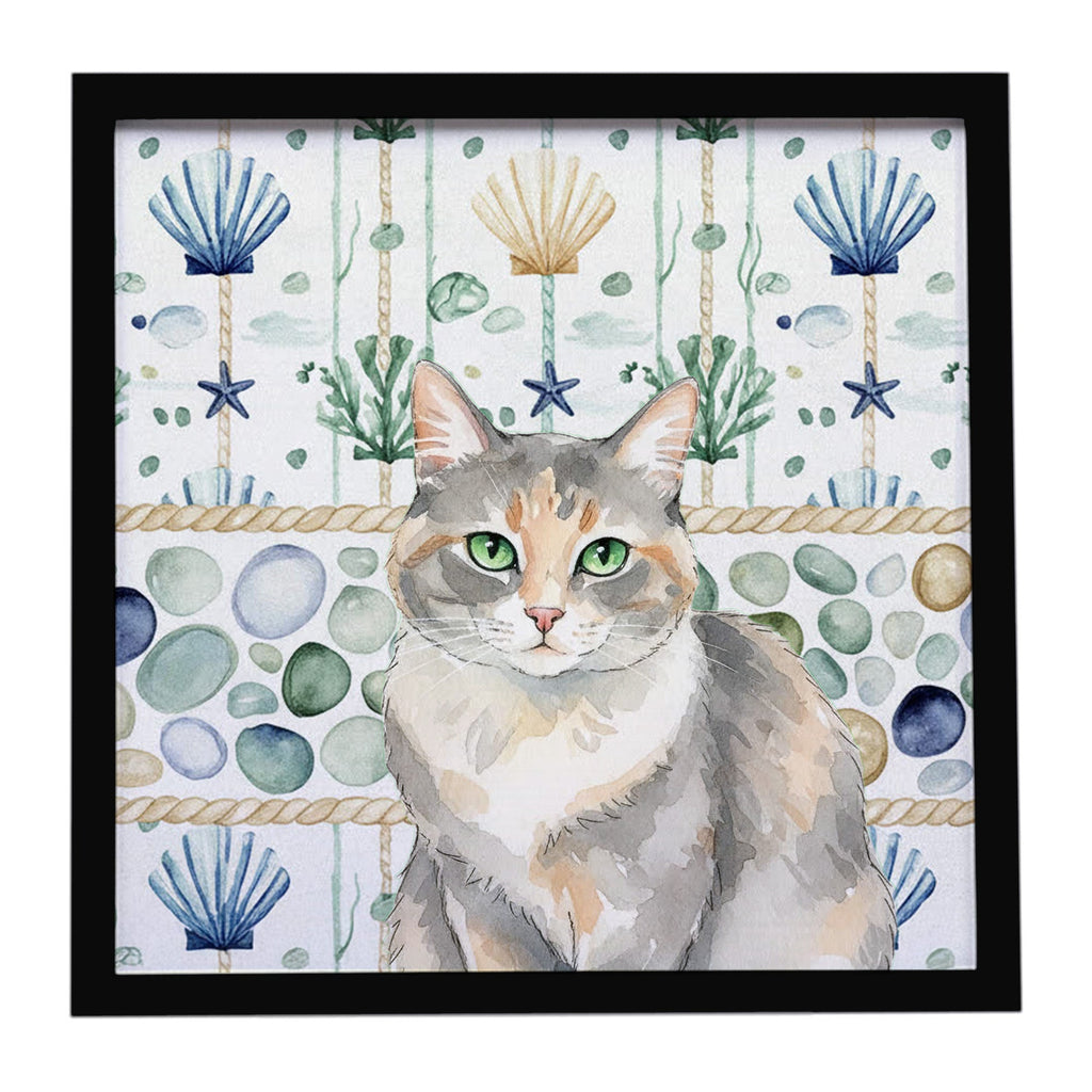 Dilute Tortoiseshell Cat Coastal Sea Glass Framed Metal Print Bathroom, Kitchen, Office, Home Decor Wall Art Ready to Hang, Square, 8X8