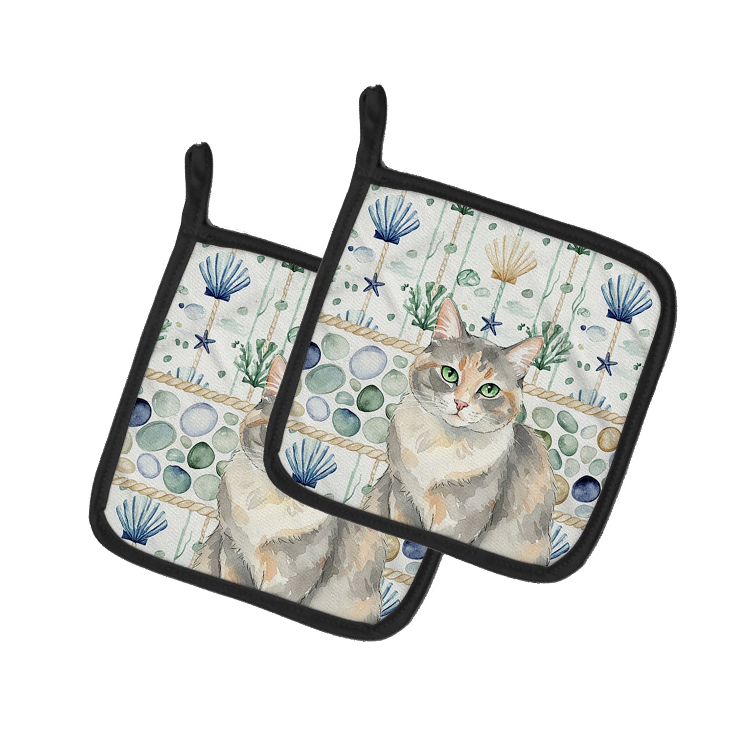 Dilute Tortoiseshell Cat Coastal Sea Glass Pot Holder Set of 2 Heat Resistant Quilted Hot Pads 7.5 x 7.5 Inch, Insulated Kitchen Trivets for Cooking & Baking