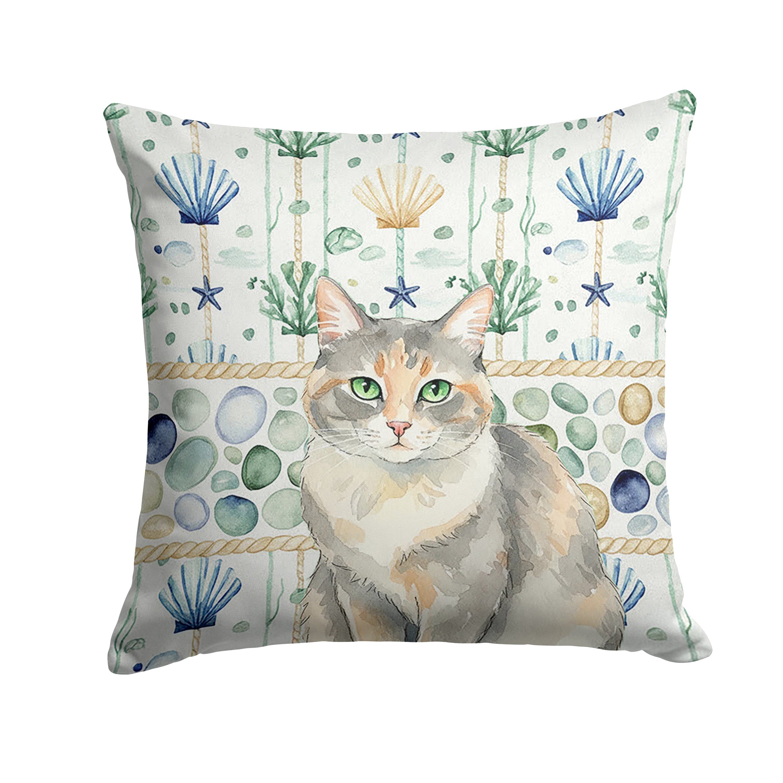 Dilute Tortoiseshell Cat Coastal Sea Glass Decorative Throw Pillow 14x14 Indoor Outdoor Accent Cushion, Fabric Cover with Insert for Sofa, Bed, Porch & Living Room