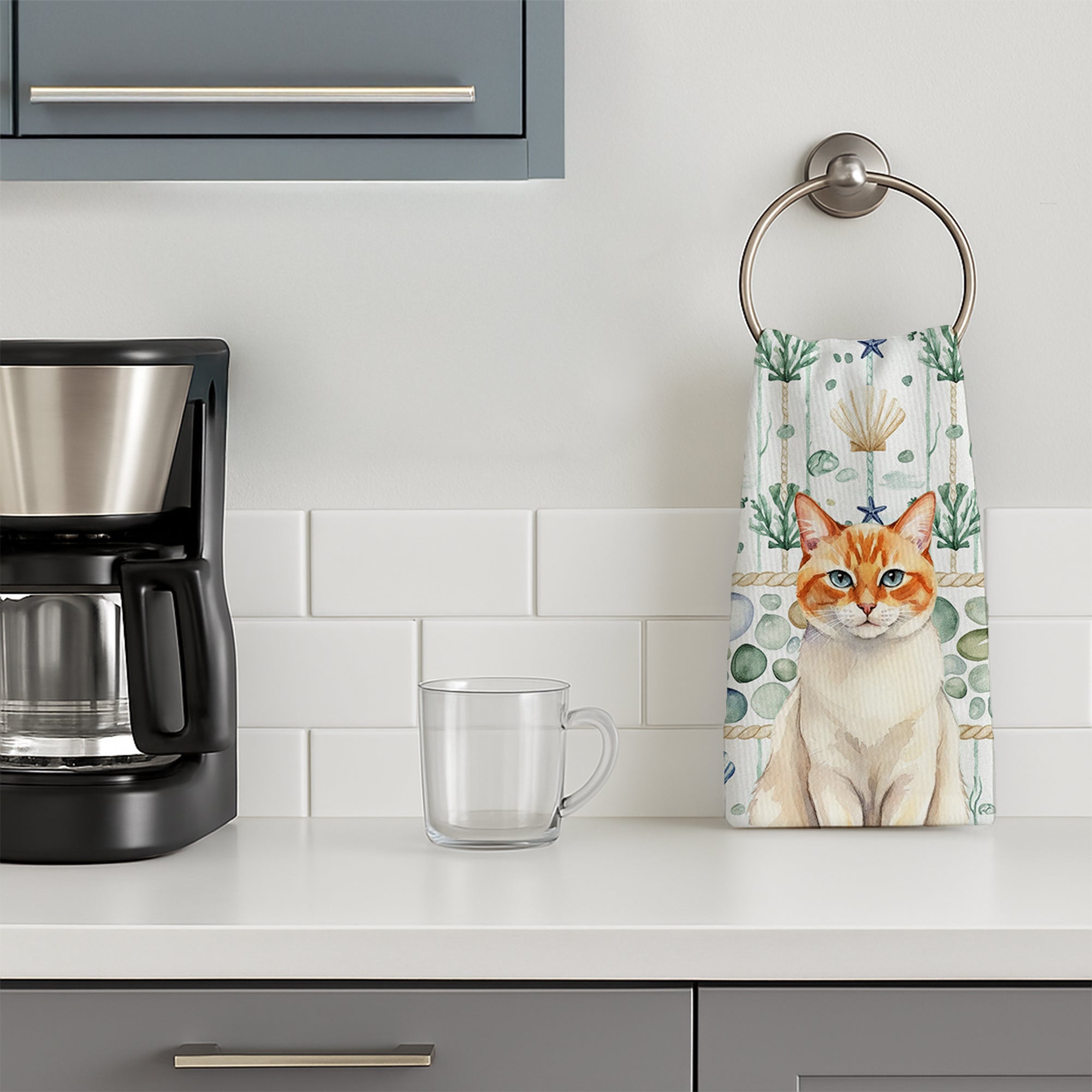 Flame Point Cat Coastal Sea Glass Kitchen Towel Velour Plush Front and Cotton Loop Back Machine Washable