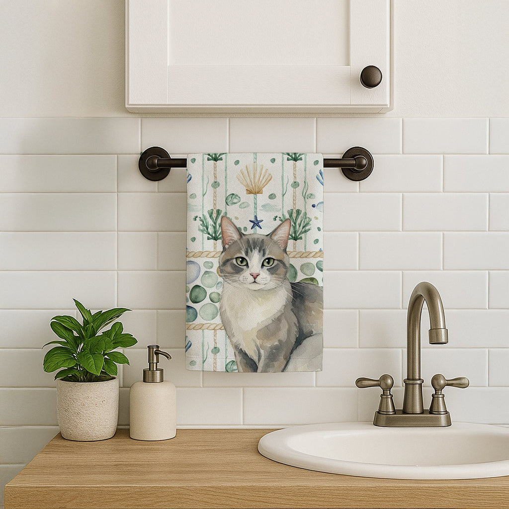 Gray and White Cat Coastal Sea Glass Kitchen Towel Velour Plush Front and Cotton Loop Back Machine Washable