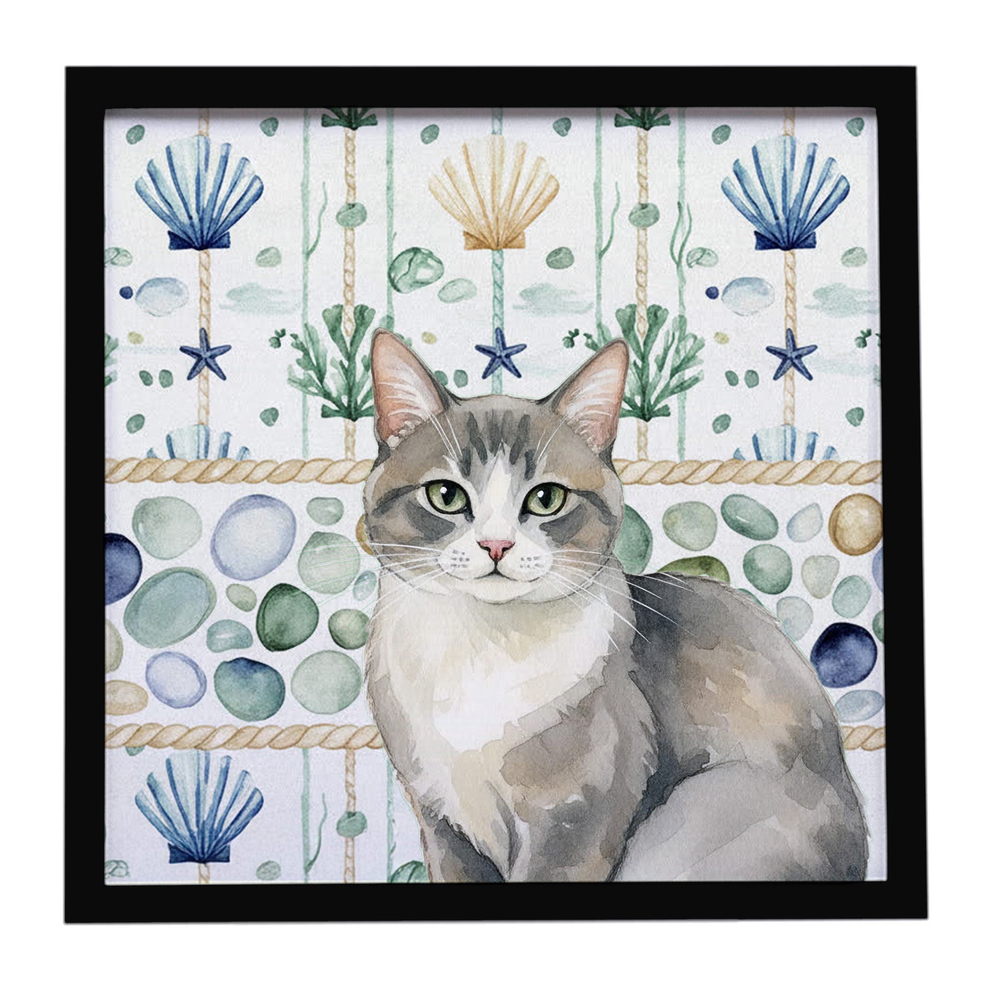 Gray and White Cat Coastal Sea Glass Framed Metal Print Bathroom, Kitchen, Office, Home Decor Wall Art Ready to Hang, Square, 8X8