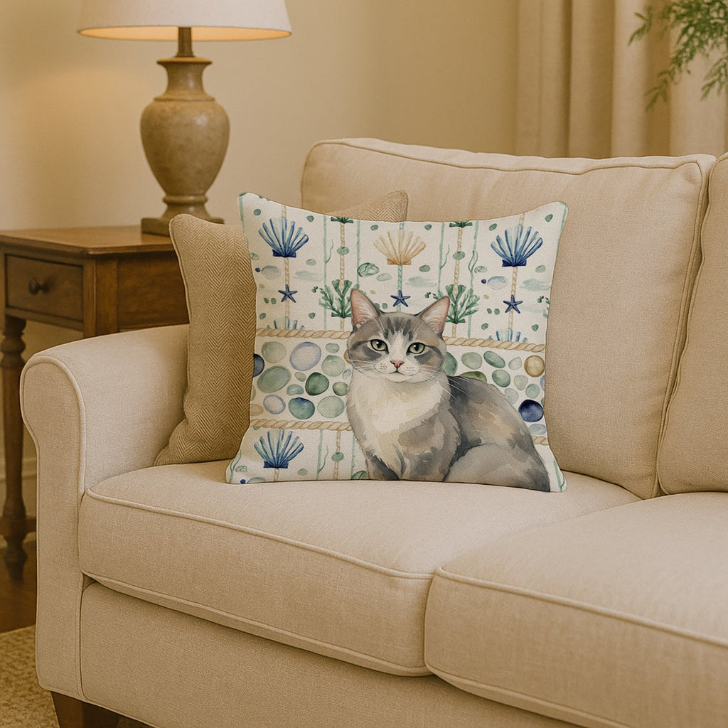 Gray and White Cat Coastal Sea Glass Decorative Throw Pillow 14x14 Indoor Outdoor Accent Cushion, Fabric Cover with Insert for Sofa, Bed, Porch & Living Room