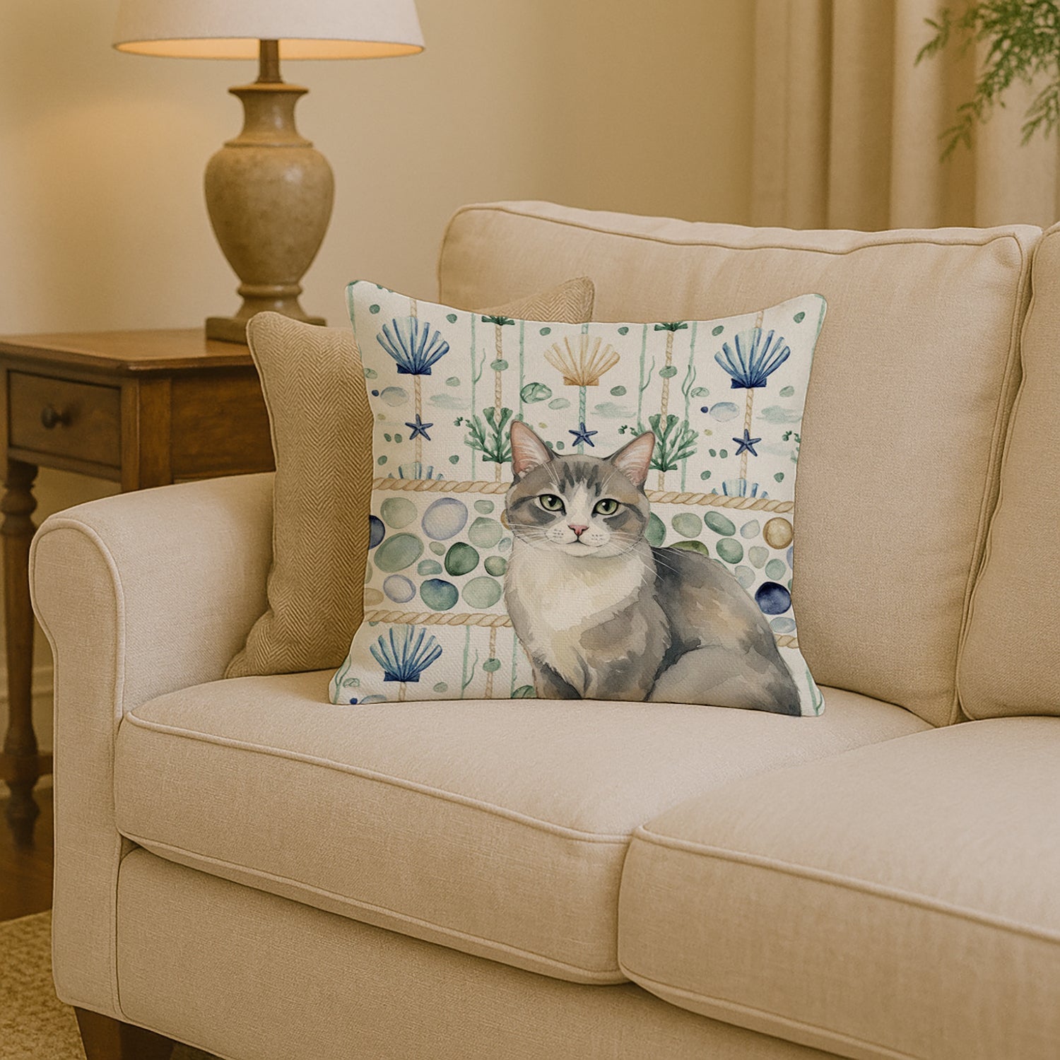 Gray and White Cat Coastal Sea Glass Decorative Throw Pillow 14x14 Indoor Outdoor Accent Cushion, Fabric Cover with Insert for Sofa, Bed, Porch & Living Room