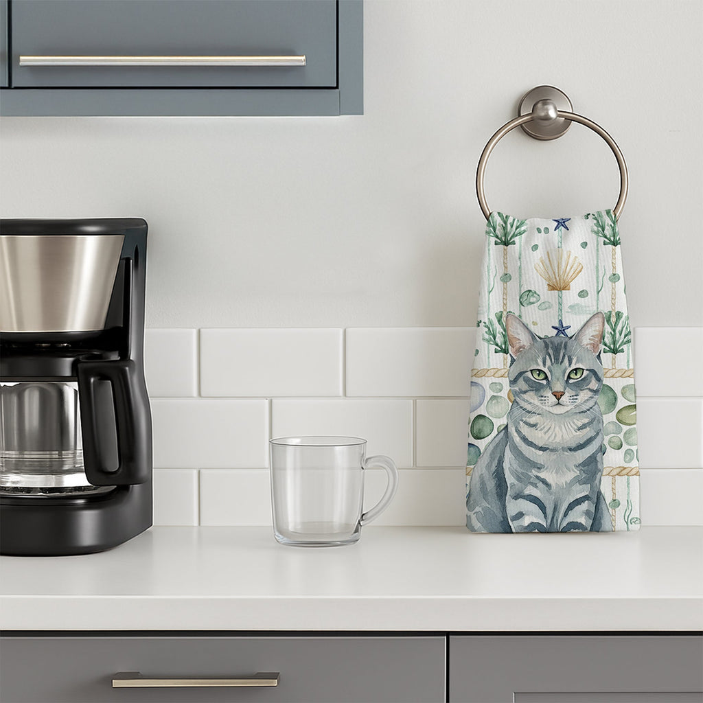 Gray Mackerel Tabby Cat Coastal Sea Glass Kitchen Towel Velour Plush Front and Cotton Loop Back Machine Washable
