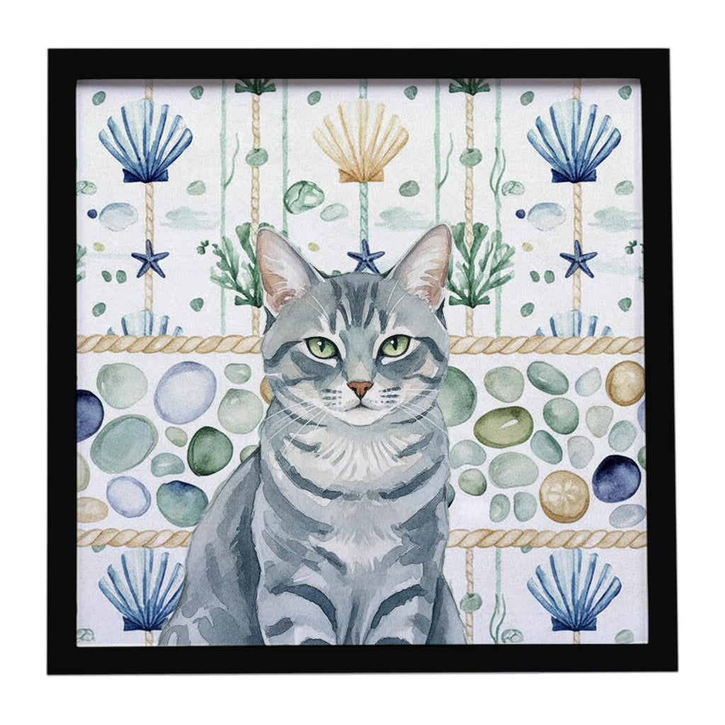 Gray Mackerel Tabby Cat Coastal Sea Glass Framed Metal Print Bathroom, Kitchen, Office, Home Decor Wall Art Ready to Hang, Square, 8X8