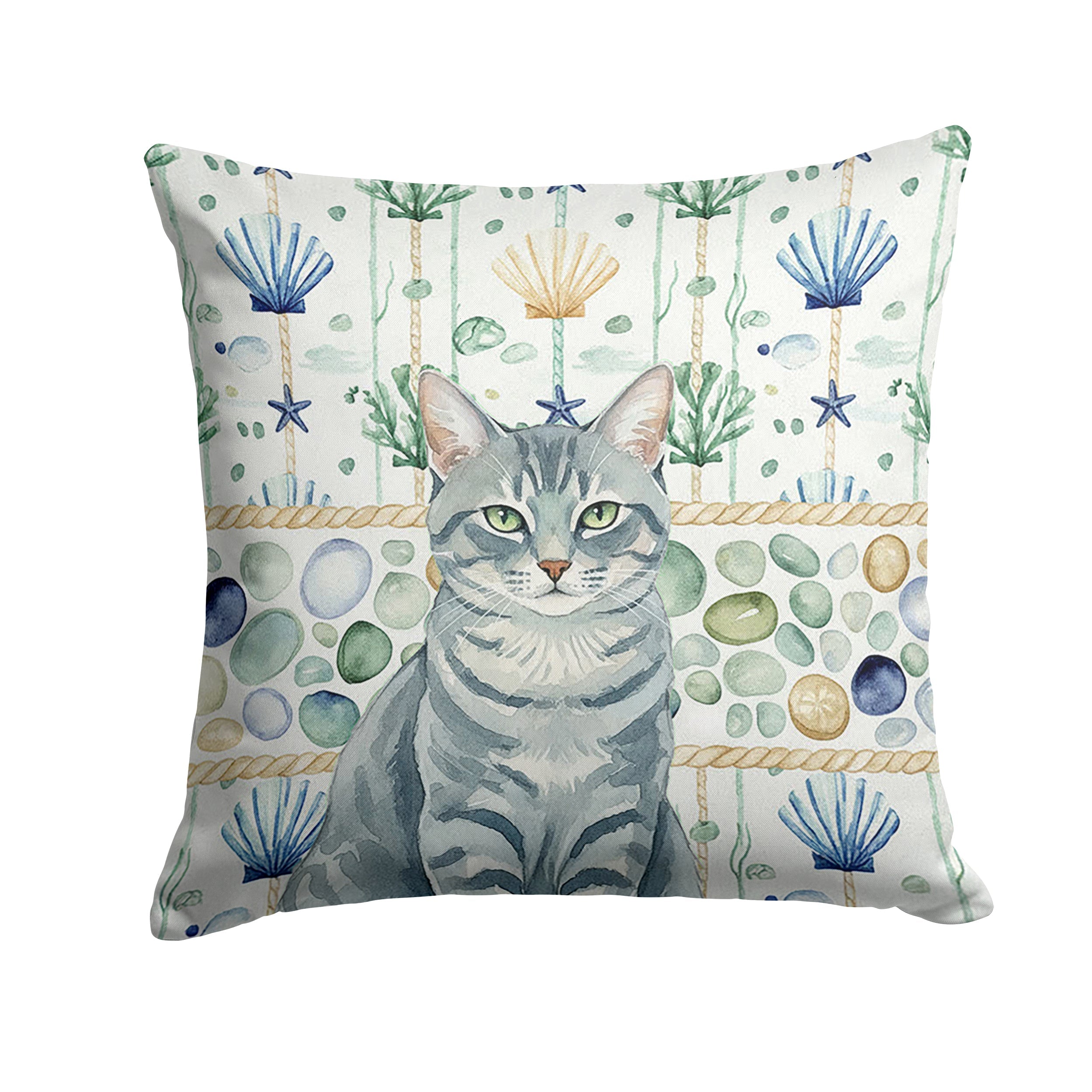 Gray Mackerel Tabby Cat Coastal Sea Glass Decorative Throw Pillow 14x14 Indoor Outdoor Accent Cushion, Fabric Cover with Insert for Sofa, Bed, Porch & Living Room