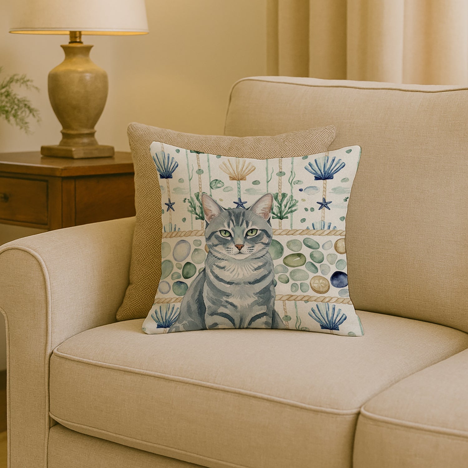 Gray Mackerel Tabby Cat Coastal Sea Glass Decorative Throw Pillow 18x18 Indoor Outdoor Accent Cushion, Fabric Cover with Insert for Sofa, Bed, Porch & Living Room