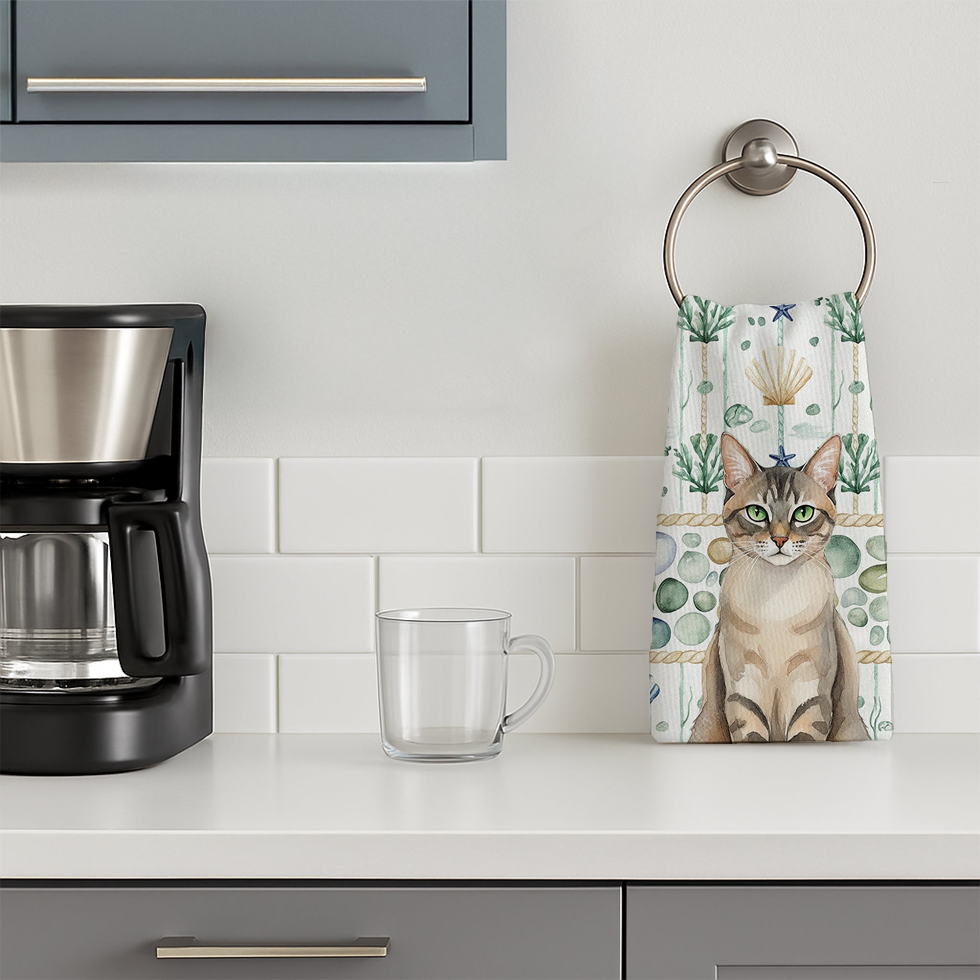Lynx Point Tabby Cat Coastal Sea Glass Kitchen Towel Velour Plush Front and Cotton Loop Back Machine Washable