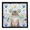 Lynx Point Tabby Cat Coastal Sea Glass Framed Metal Print Bathroom, Kitchen, Office, Home Decor Wall Art Ready to Hang, Square, 8X8