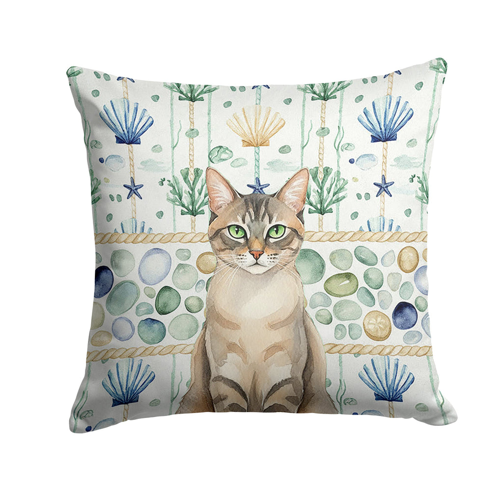 Lynx Point Tabby Cat Coastal Sea Glass Decorative Throw Pillow 14x14 Indoor Outdoor Accent Cushion, Fabric Cover with Insert for Sofa, Bed, Porch & Living Room