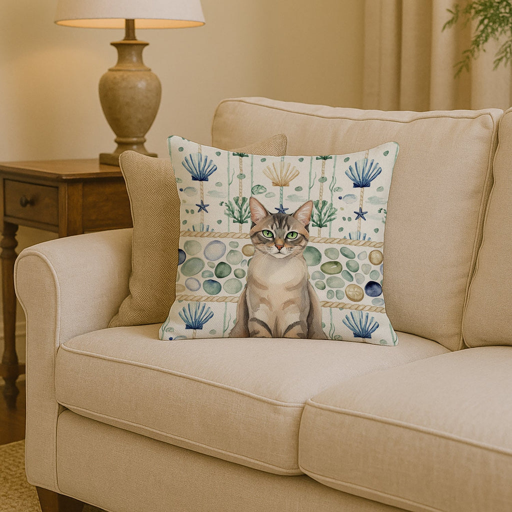Lynx Point Tabby Cat Coastal Sea Glass Decorative Throw Pillow 14x14 Indoor Outdoor Accent Cushion, Fabric Cover with Insert for Sofa, Bed, Porch & Living Room