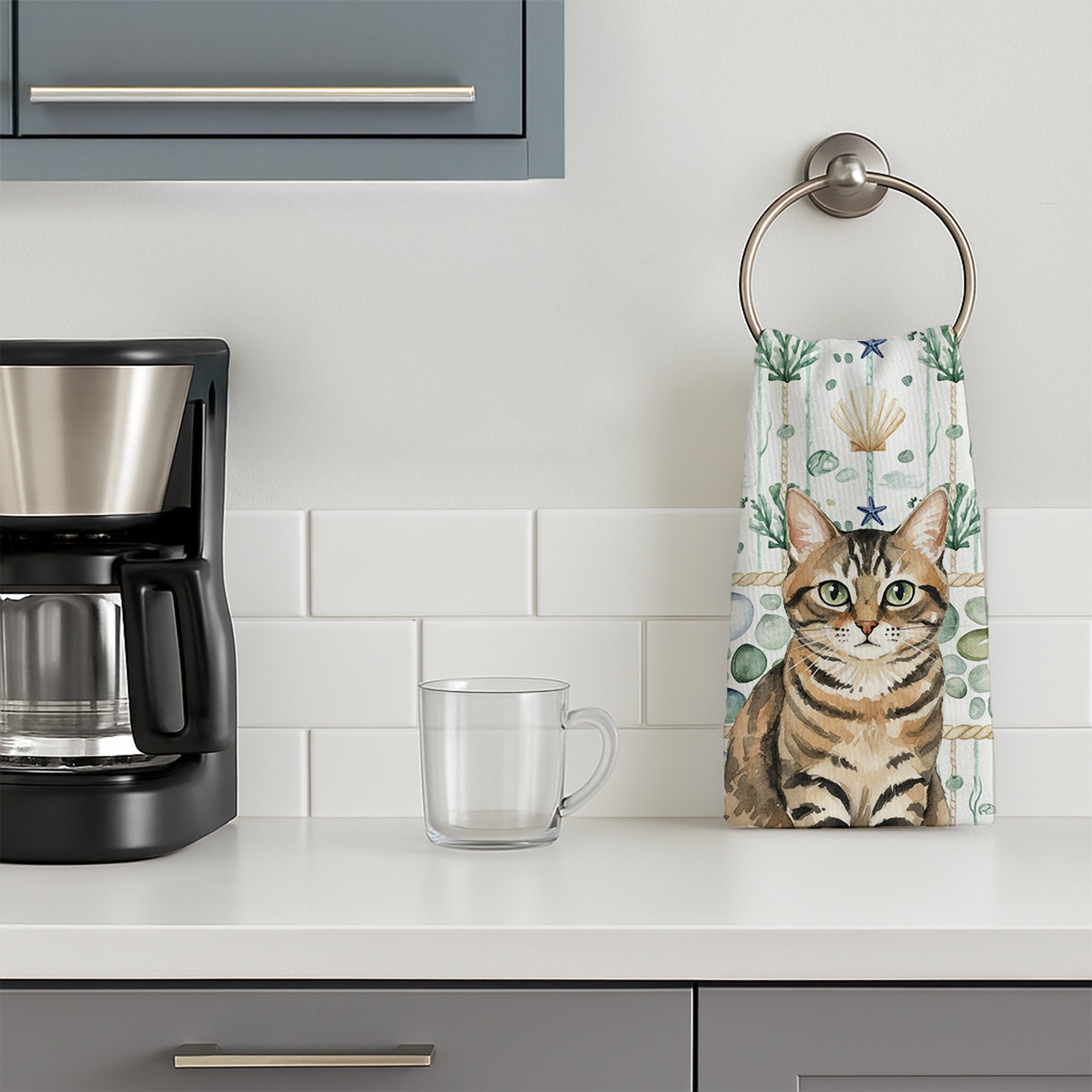 Mackerel Tabby Brown Cat Coastal Sea Glass Kitchen Towel Velour Plush Front and Cotton Loop Back Machine Washable
