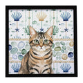Mackerel Tabby Brown Cat Coastal Sea Glass Framed Metal Print Bathroom, Kitchen, Office, Home Decor Wall Art Ready to Hang, Square, 8X8