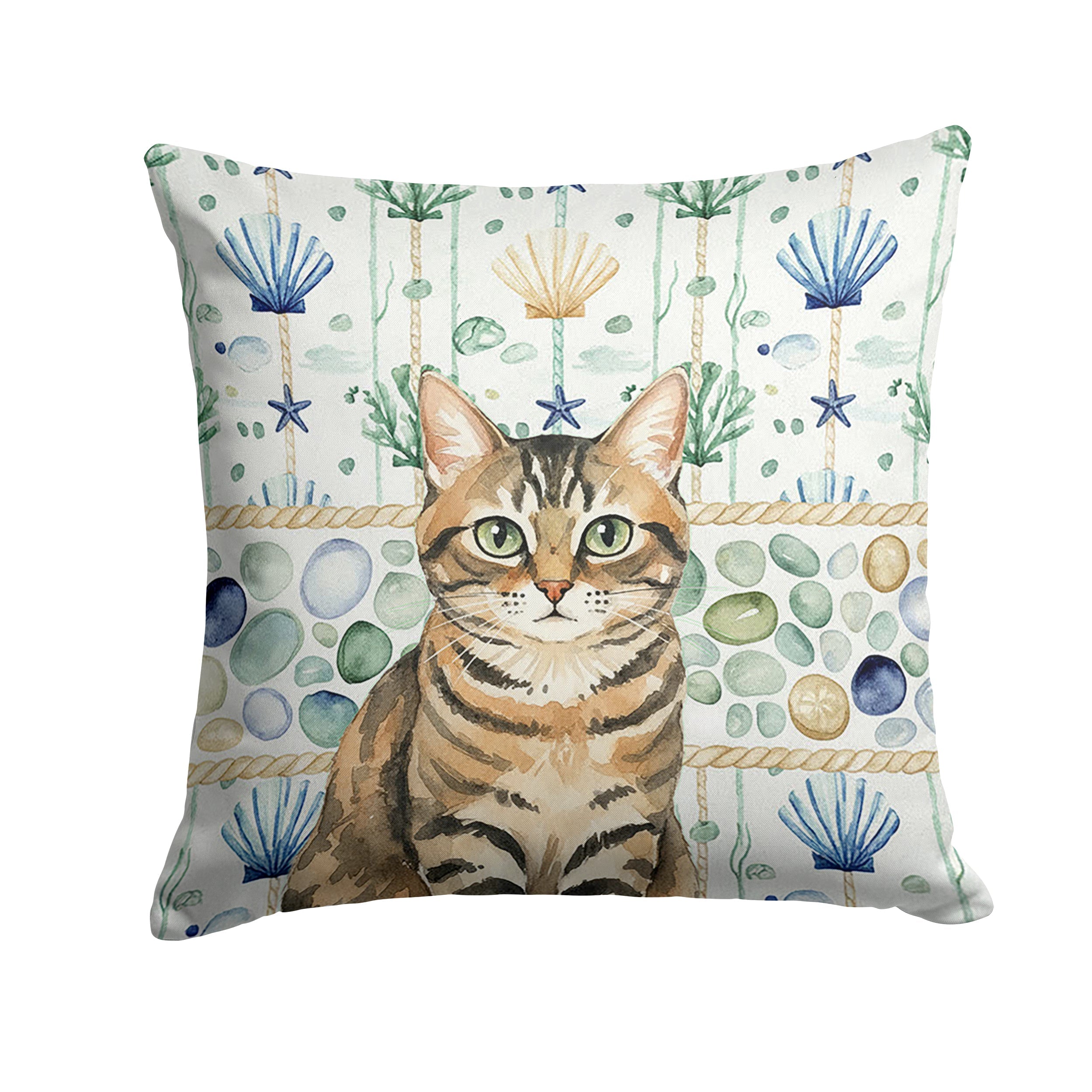Mackerel Tabby Brown Cat Coastal Sea Glass Decorative Throw Pillow 14x14 Indoor Outdoor Accent Cushion, Fabric Cover with Insert for Sofa, Bed, Porch & Living Room