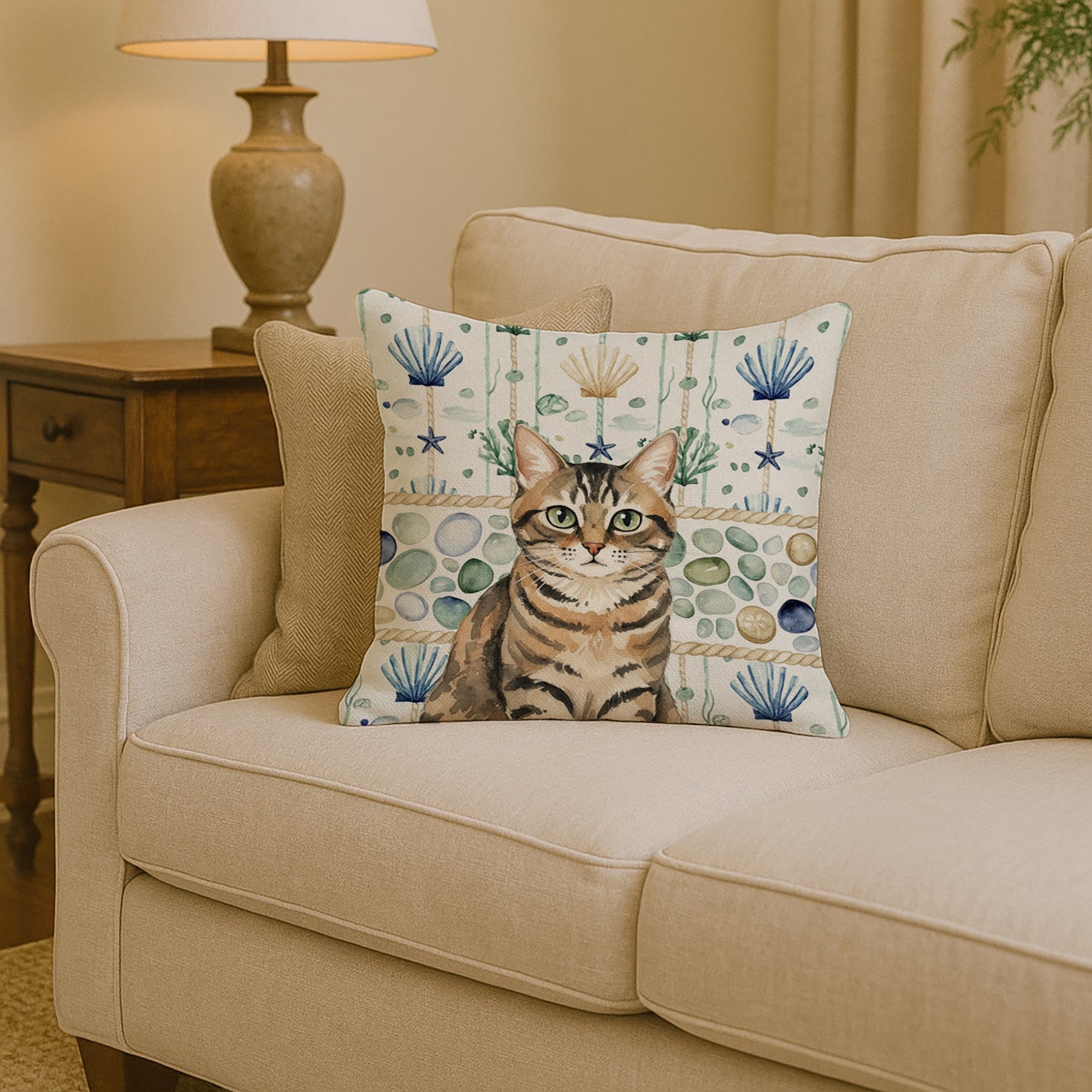 Mackerel Tabby Brown Cat Coastal Sea Glass Decorative Throw Pillow 14x14 Indoor Outdoor Accent Cushion, Fabric Cover with Insert for Sofa, Bed, Porch & Living Room