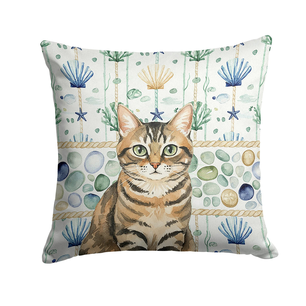 Mackerel Tabby Brown Cat Coastal Sea Glass Decorative Throw Pillow 18x18 Indoor Outdoor Accent Cushion, Fabric Cover with Insert for Sofa, Bed, Porch & Living Room