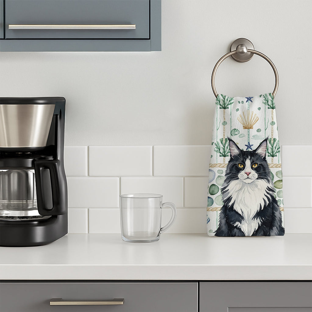 MaineCoon Black and White Cat Coastal Sea Glass Kitchen Towel Velour Plush Front and Cotton Loop Back Machine Washable