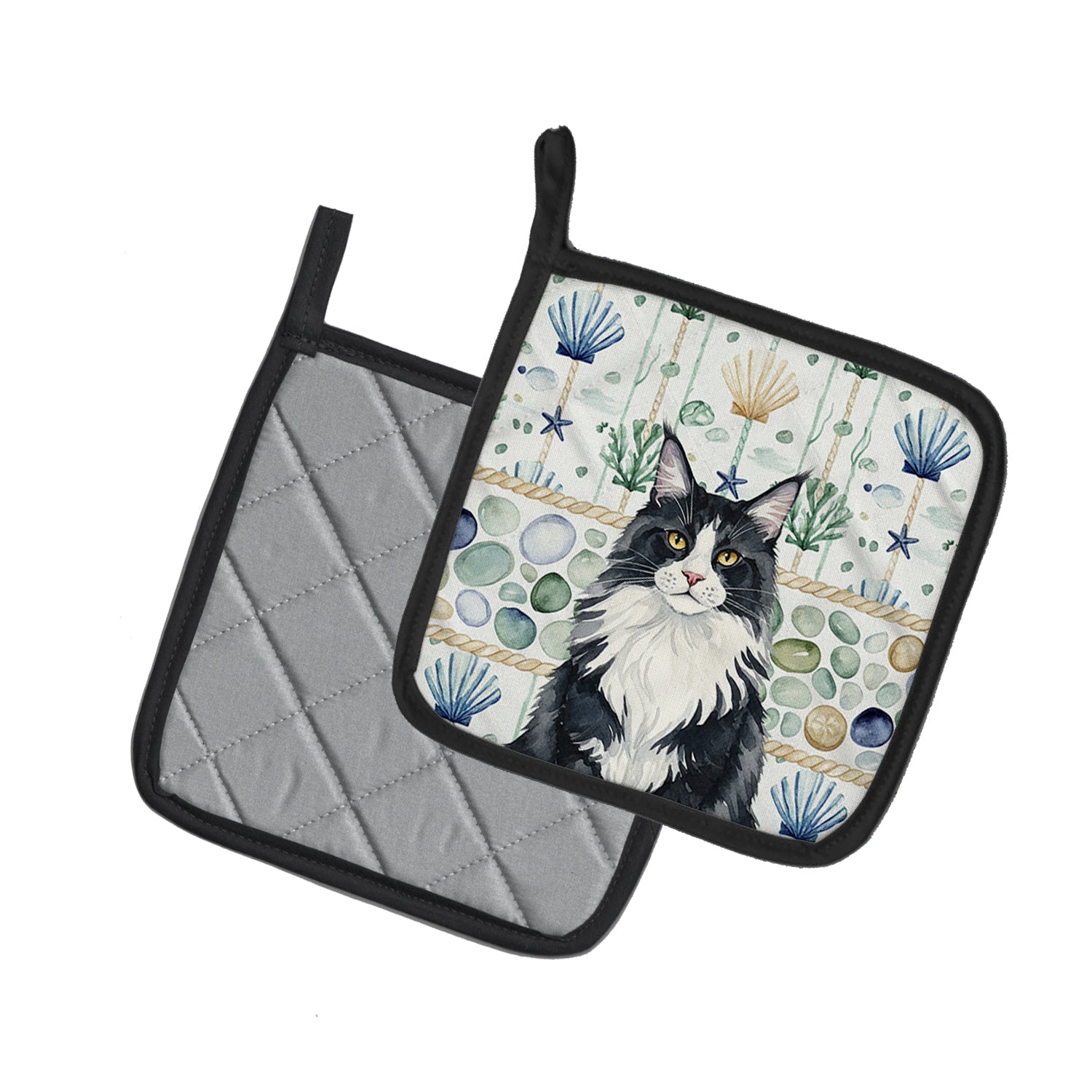 MaineCoon Black and White Cat Coastal Sea Glass Pot Holder Set of 2 Heat Resistant Quilted Hot Pads 7.5 x 7.5 Inch, Insulated Kitchen Trivets for Cooking & Baking