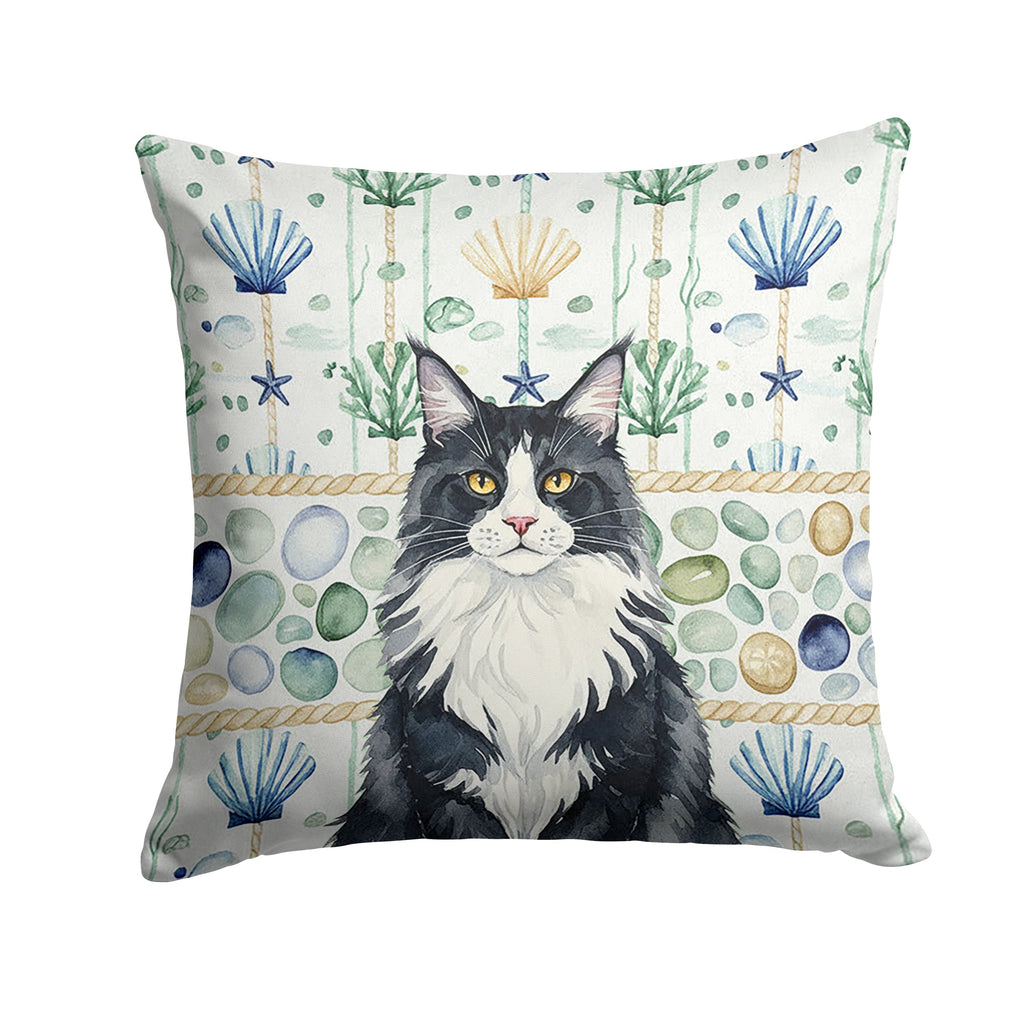 MaineCoon Black and White Cat Coastal Sea Glass Decorative Throw Pillow 18x18 Indoor Outdoor Accent Cushion, Fabric Cover with Insert for Sofa, Bed, Porch & Living Room