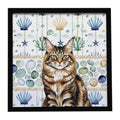 MaineCoon Brown Tabby Cat Coastal Sea Glass Framed Metal Print Bathroom, Kitchen, Office, Home Decor Wall Art Ready to Hang, Square, 8X8
