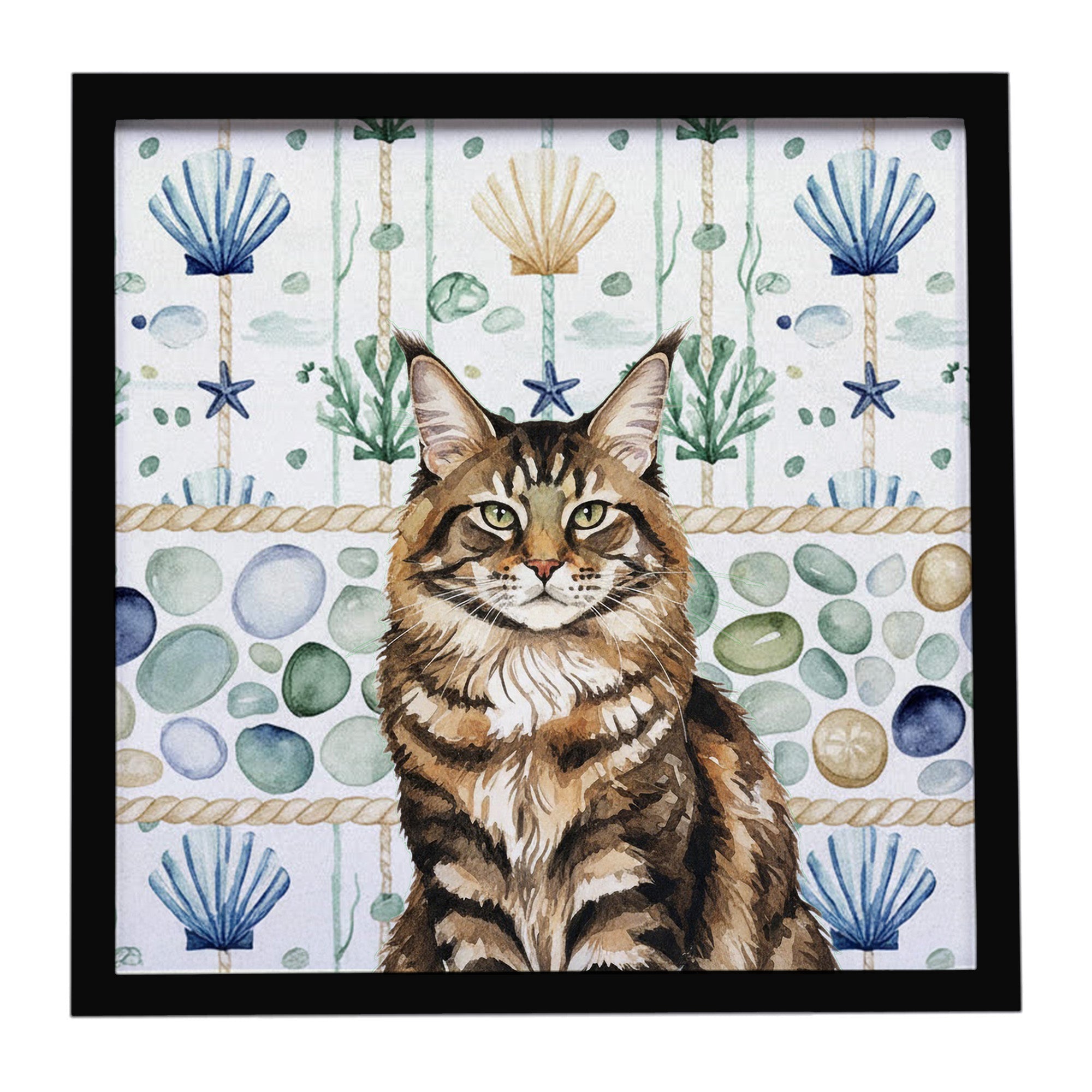 MaineCoon Brown Tabby Cat Coastal Sea Glass Framed Metal Print Bathroom, Kitchen, Office, Home Decor Wall Art Ready to Hang, Square, 8X8