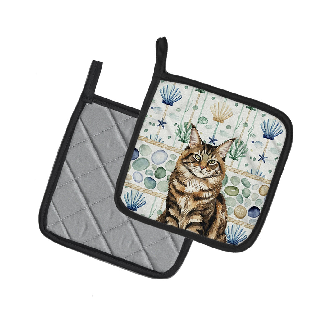 MaineCoon Brown Tabby Cat Coastal Sea Glass Pot Holder Set of 2 Heat Resistant Quilted Hot Pads 7.5 x 7.5 Inch, Insulated Kitchen Trivets for Cooking & Baking