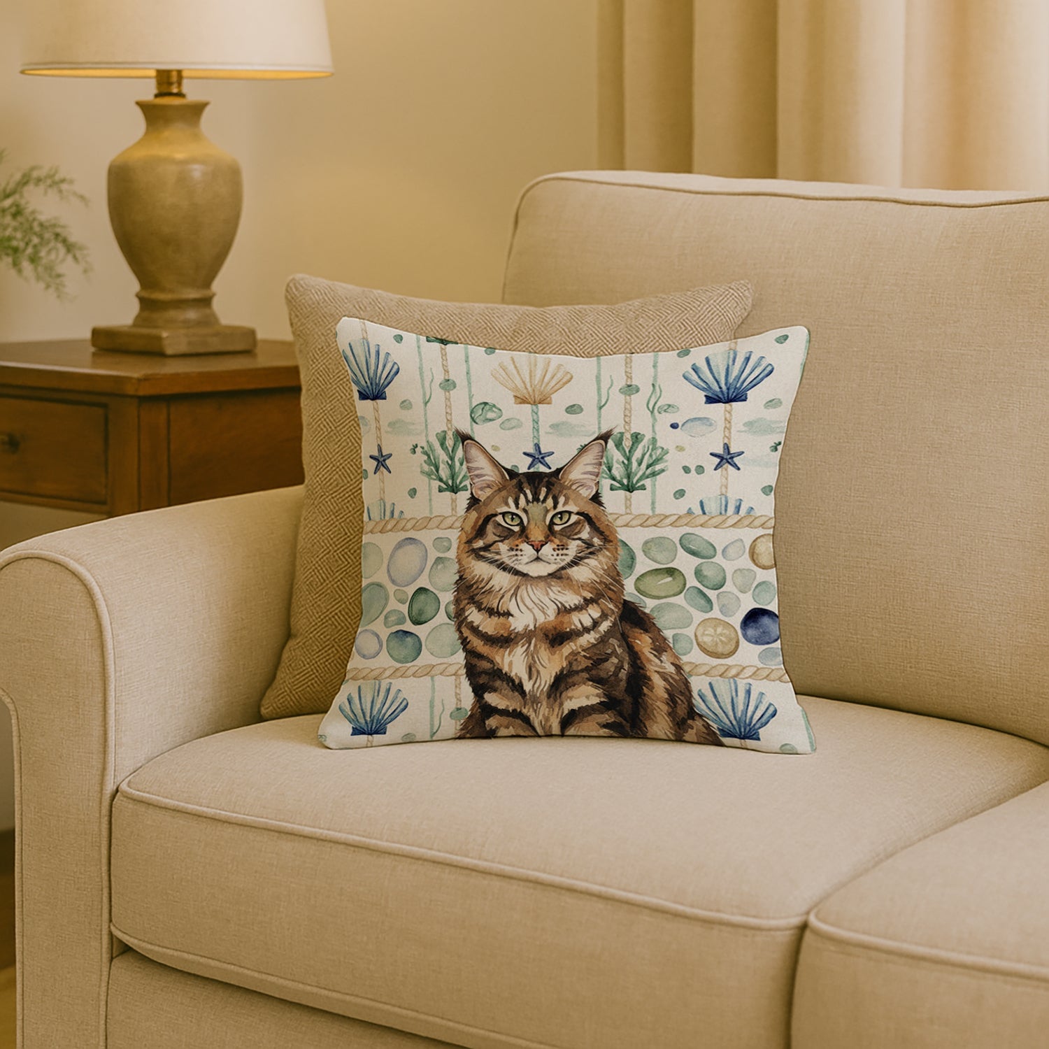 MaineCoon Brown Tabby Cat Coastal Sea Glass Decorative Throw Pillow 18x18 Indoor Outdoor Accent Cushion, Fabric Cover with Insert for Sofa, Bed, Porch & Living Room