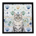 MaineCoon Silver Tabby Cat Coastal Sea Glass Framed Metal Print Bathroom, Kitchen, Office, Home Decor Wall Art Ready to Hang, Square, 8X8