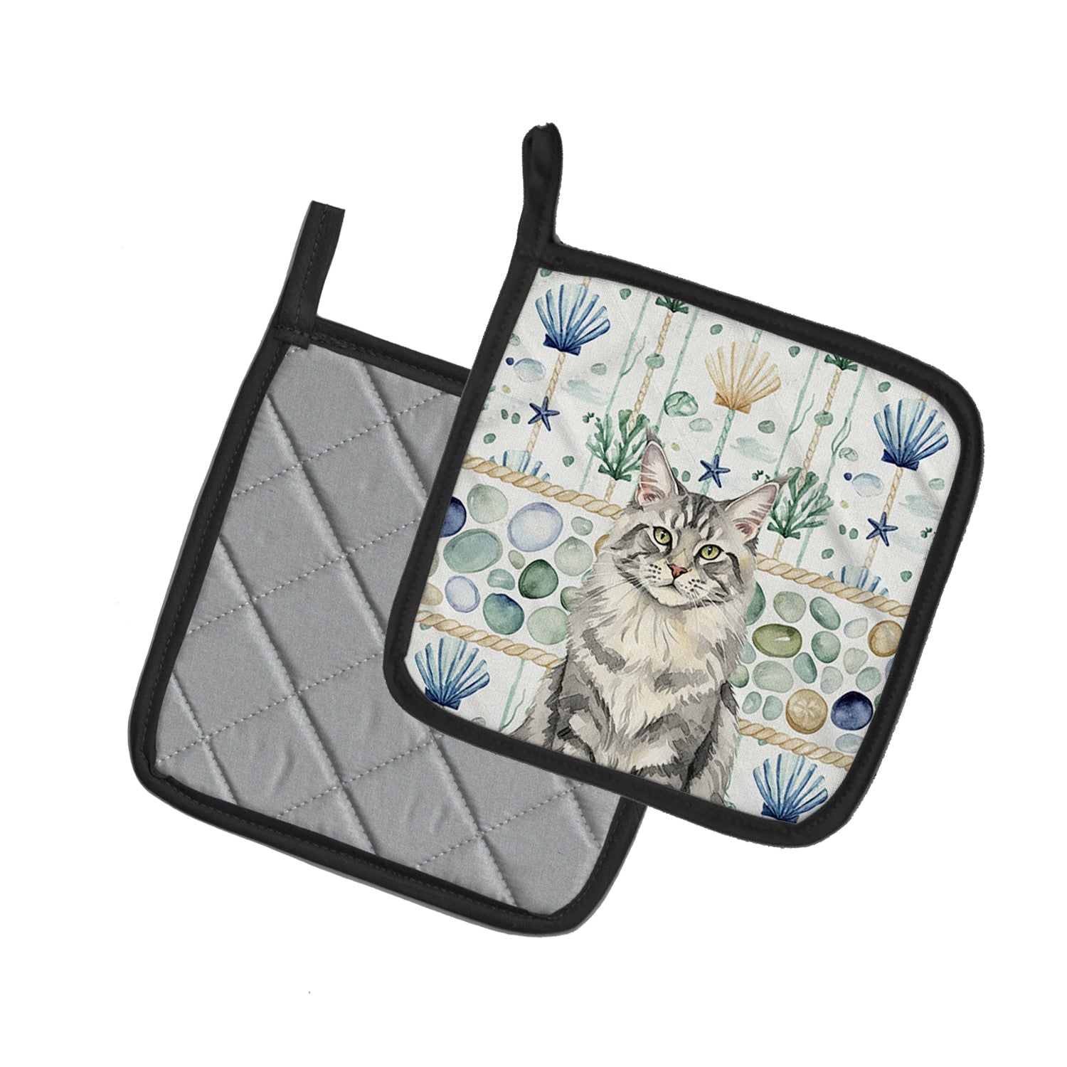 MaineCoon Silver Tabby Cat Coastal Sea Glass Pot Holder Set of 2 Heat Resistant Quilted Hot Pads 7.5 x 7.5 Inch, Insulated Kitchen Trivets for Cooking & Baking