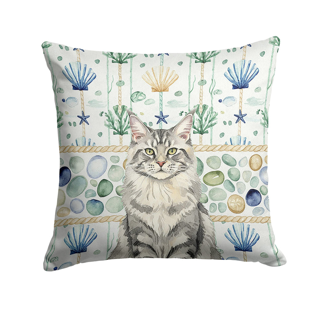 MaineCoon Silver Tabby Cat Coastal Sea Glass Decorative Throw Pillow 14x14 Indoor Outdoor Accent Cushion, Fabric Cover with Insert for Sofa, Bed, Porch & Living Room